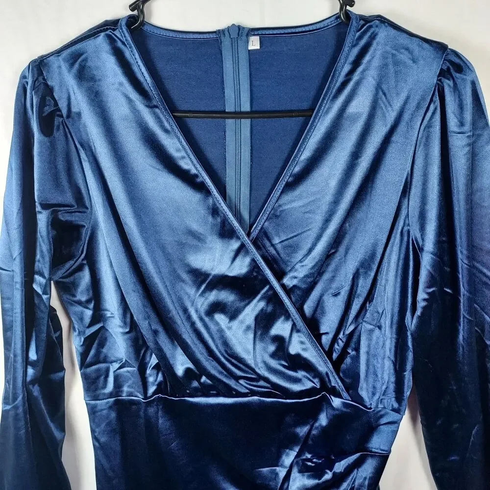 Yajedo Satin V-Neck Dress Size Large Blue Party/Cocktail Long Sleeve New